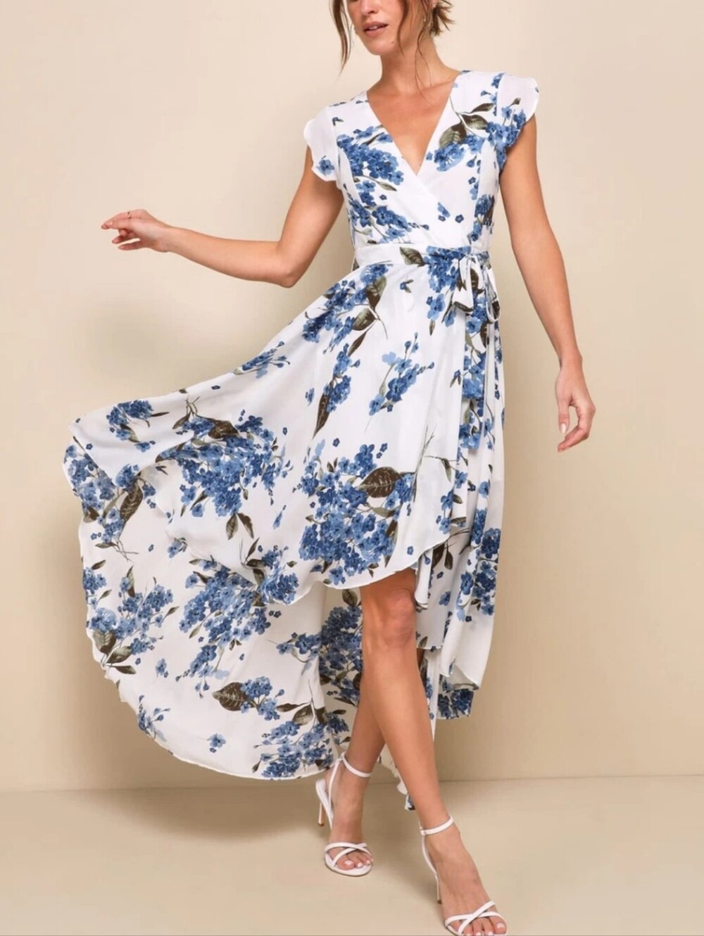 Lulu's White High-Low Wrap Dress with Blue Floral Print